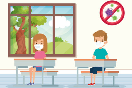 cute students using face mask in classroom Children vector created by studiogstock - www.freepik.com